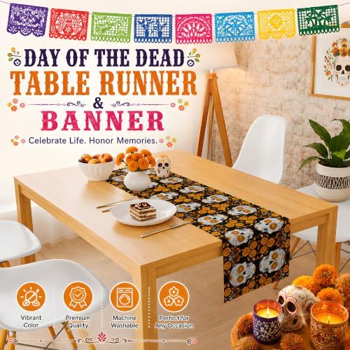 Dia De Los Muertos Decorations - Sugar Skull Table Runner with Banner