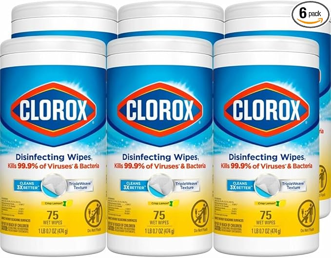 Clorox Disinfecting Cleaning Wipes, Bleach Free, Crisp Lemon, 75 Count, Pack of 6 (Pack May Vary)