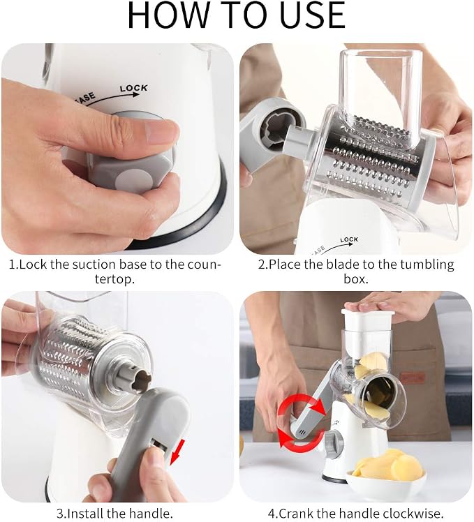 Cambom Rotary Cheese Grater Hand Crank Cheese Shredder for Fresh Cheese, Vegetable, Nuts,Non-slip Suction Base,Three Blades,White