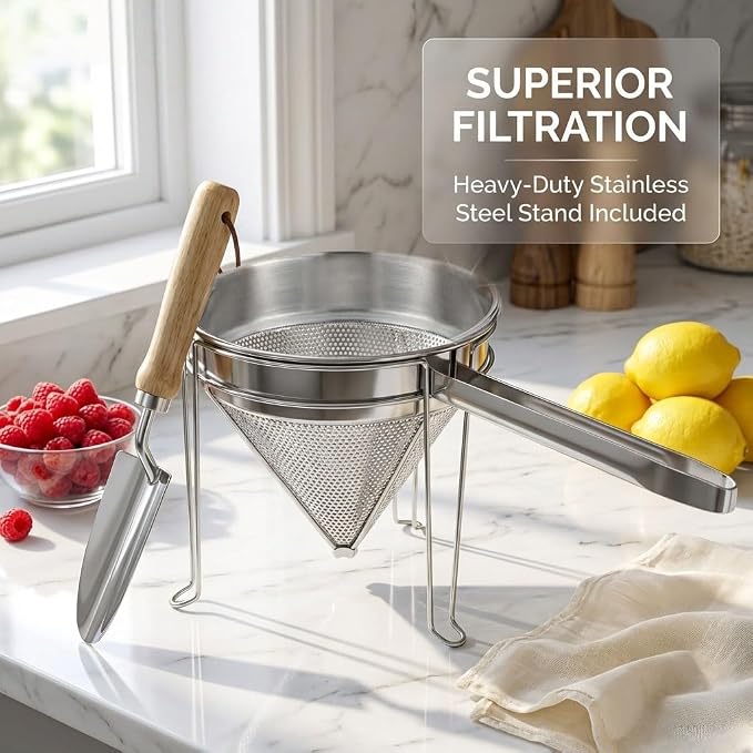 8 inch Stainless Steel Chinois Strainer with Stand, Fine Mesh China Cap Strainer with handle and Pestle for Tomato, Fruit,Soup and Jam Making.