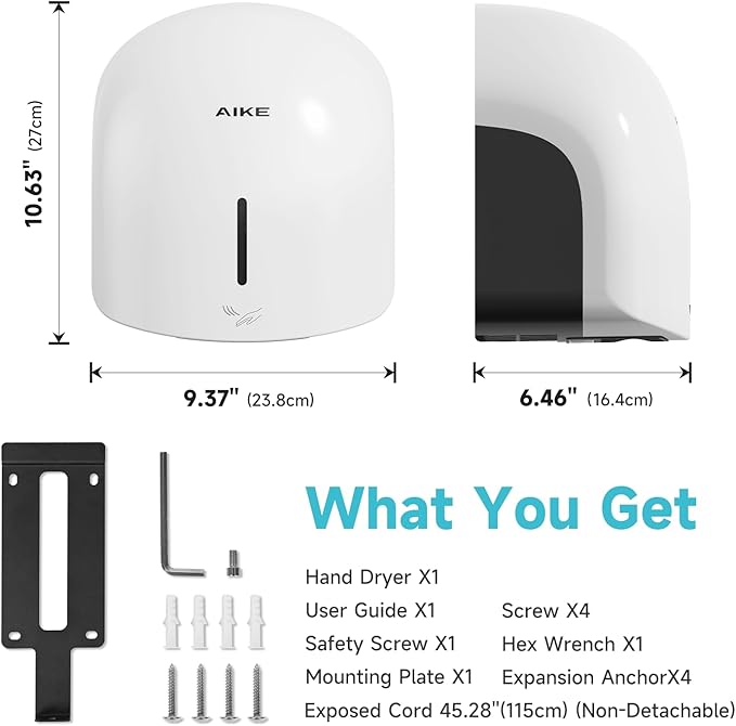 AIKE GentleAir Warm Hand Dryer,Low Noise Perfect for Home Bathrooms,White Cover AC110V-130V,Model AK2637