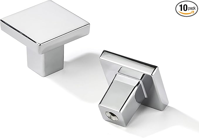 khtumeware 10 Pack Polished Chrome Cabinet Knobs 1-1/4 inch(32mm) Solid Heavy Duty Square Bi-Fold Door Knob for Kitchen Bathroom and Dressing Table