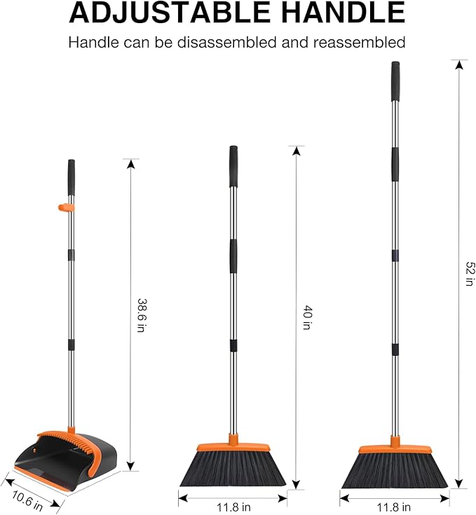 NACENA Broom and Dustpan Set, 52-in Long Adjustable Handle Broom Dustpan Combo with Dustpan Teeth to Automatically Clean Hair Suitable for Home Kitchen Office Hall Floor (Black&Orange), 4 Pack