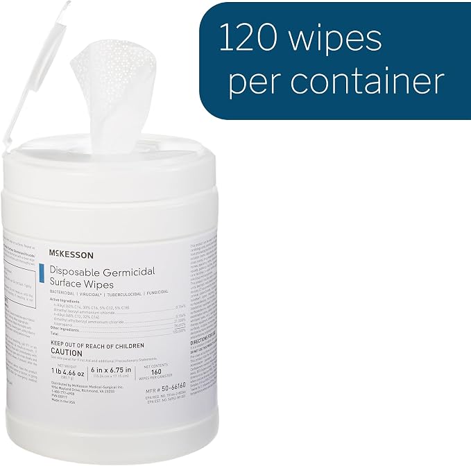 McKesson Germicidal Disinfecting Wipes [480 Count], Alcohol Cleaning Disinfectant Cloths, Hospital Grade Multi-Surface Cleansing, 160 Wipes, 3 Pack