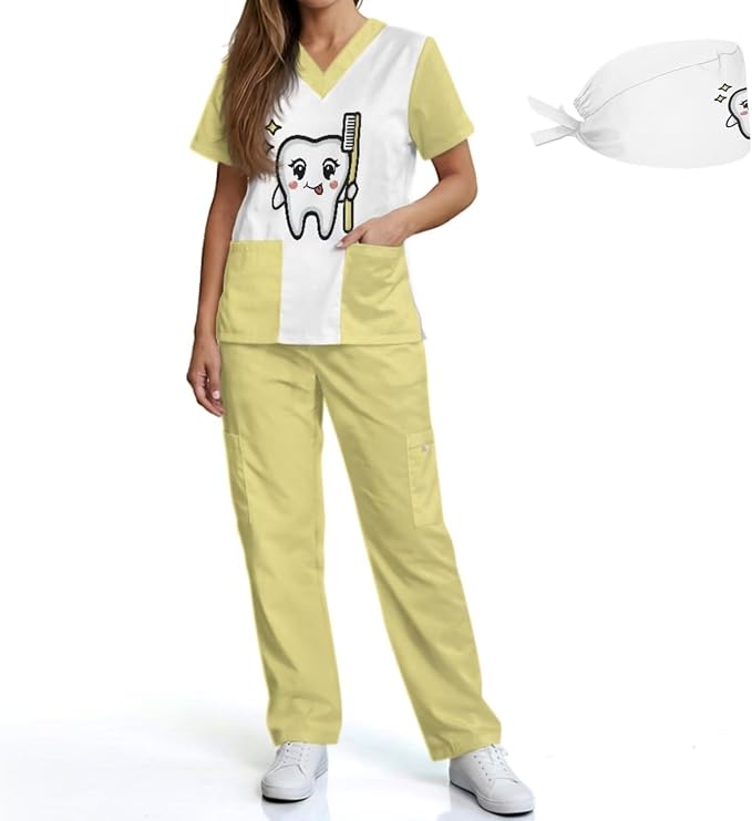 Gomyblomy Women's Scrubs Suit 3-Piece Set | Teeth Print V-Neck Top & Pants & Cap, Breathable and Stretch Fabric, S-5XL