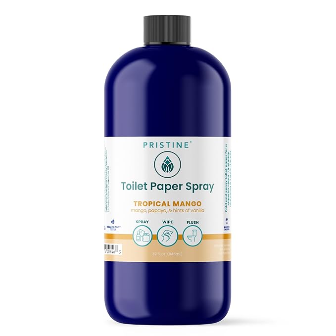PRISTINE Toilet Paper Spray, As Seen on Shark Tank, Flushable Wipe Alternative, Personal Cleansing Bathroom Spray for Regular Toilet Tissue, Bidet Alternative, Made in USA, Tropical Mango, 32oz Refill