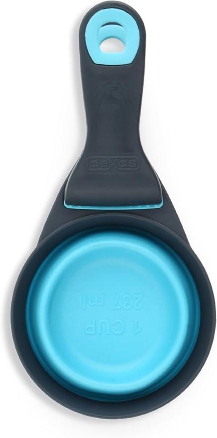 Dexas Popware for Pets Collapsible Klip Scoop, 3 in 1 Design Convenient Measuring Cup, Food Scooper and Bag Clip, 1Cup Capacity Pet Food Scoop, Versatile Food Measuring Cups Portion Control Gray/Blue