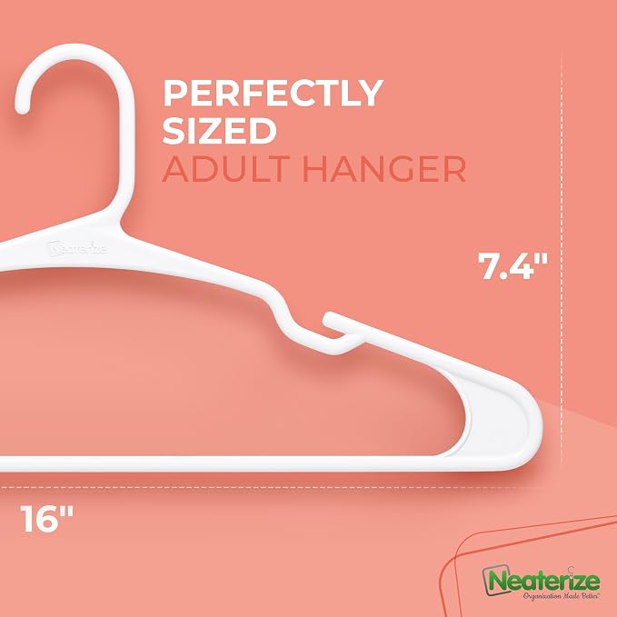 NEATERIZE Clothes Hangers Plastic 100 Pack for Adults - Plastic Hangers, The Perfect Coat Hanger and Space Saving Clothes Hangers for Closet - White Hangers