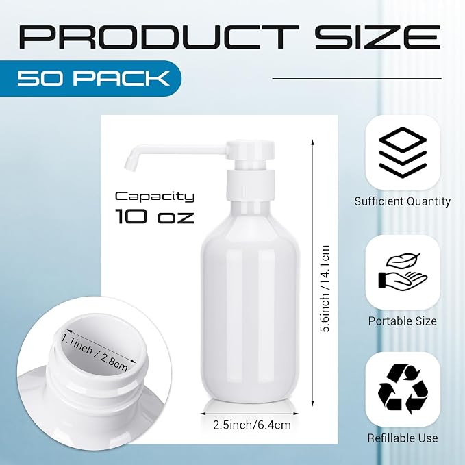 50 Pack Plastic Soap Dispenser Bulk Empty Pump Bottles Dispenser with Long Pump 10 oz Refillable Dish Soap Hand Washing Bottles Lotion Bottle for Kitchen Bathroom(White)