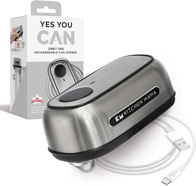 Kitchen Mama Orbit One Stainless Steel Rechargeable Electric Can Opener | Hands-free, USB-C Charging, Automatic Stop, Smooth Edge, Heavy Duty