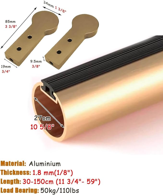 Closet Rod Brushed Gold Clothes Hanging Rack Rod Ceiling/Wall Mount, Small Space Silent Closet Hanger Bar Organizer, Heavy Duty Round Pole Garment Rail(125cm (49 in))