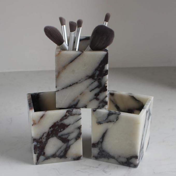 Calacatta Viola Marble Toothbrush Holders for Bathroom, Natural Marble Canisters, Makeup Brush Holder Countertop Organizer