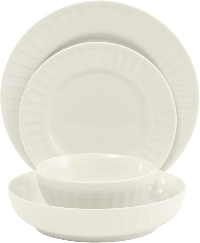 Gibson Home Melbourne White Plates and Bowls Set, 16 Piece Embossed Ceramic Dinnerware Set - Service for 4 Dishes - With Pasta Bowl