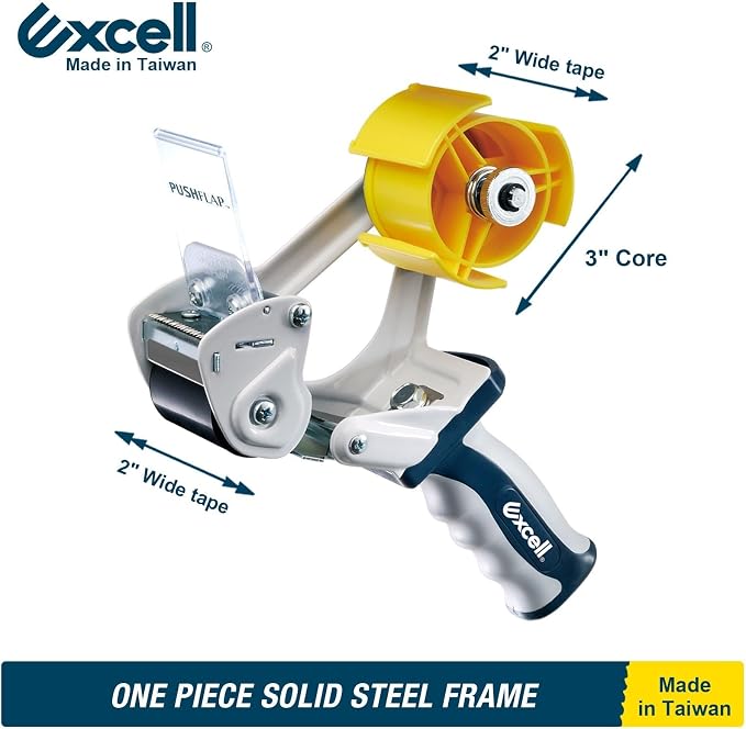 Excell EXC-828PL Heavy Duty Tape Dispenser, 2" Wide, 3" Core, 1 Pack | Box Sealing Industrial Tape Dispenser Gun, for Office and Warehouse - Includes Tape Roll