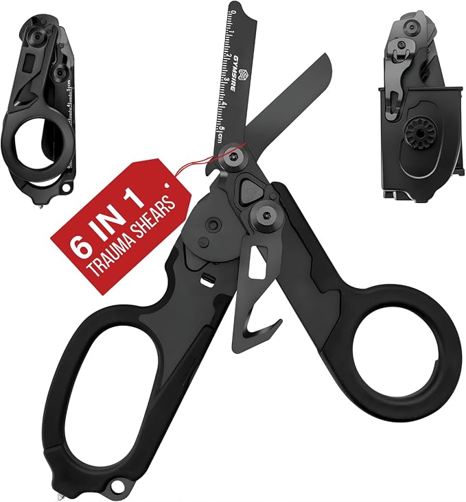 Heavy Duty 6 in 1 Multifunctional Trauma Shears Foldable | Stainless Steel Emergency Response Scissors | Survival Shears With Holster | Medical Trauma Shears Tactical With Strap Cutter | Matte Black