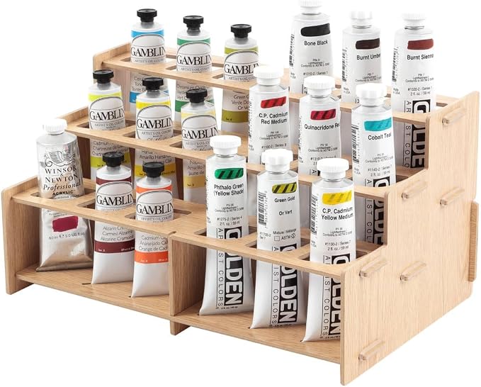 HG Art Concepts Mezzo Artist Paint and Brush Racks - Wood Grain Laminate Multi Layer Desk Stand Professional Storage Display Organizer for Paintbrushes and Tubes - Straight Rack, 3 Pack