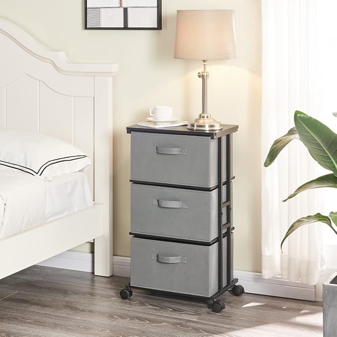 MAX Houser Dresser Tower with 3 Drawers, Grey | Fabric Storage Organizer Unit, Chest of Drawers with with WoodTop, Small Vertical Storage for Guest Room, Closet, Entryway