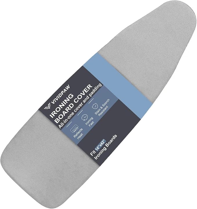 VividPaw 14x42 Inch Over-The-Door Ironing Board Cover with User-Friendly Design, Heavy-Duty Padding, Adjustable Elastic Drawstring and Fasteners - Replacement Iron Board Cover (Grey, 14" x 42")