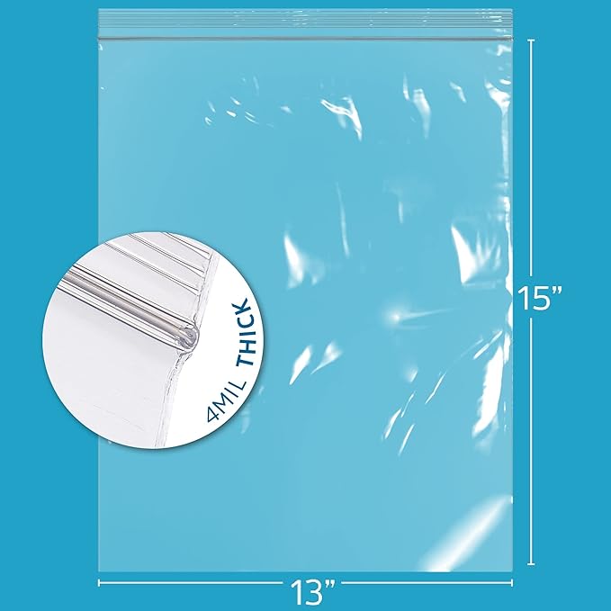13" x 15" Heavy-duty 2 Gallon Zip Bags - 100 Count - Clear Plastic Reclosable Zipper Baggies, 4 Mil Freezer Storage Poly Bags, for Packaging Food, Clothing, Tools & Sharp Objects.