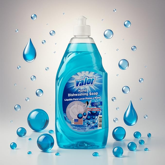 Valor Dishwashing Liquid, 25 fl oz – Dish Soap for Kitchen & Bathroom, Grease-Fighting, Gentle on Hands, Fast Rinse, Eco-Friendly Biodegradable Formula (25 fl oz (Pack of 1), Oxy Power)