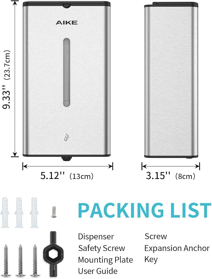 AIKE Heavy Duty Automatic Soap Dispenser,33.8oz for Bathroom,Brushed Steel | 5-Level and Savety Key for Commercial(4*AA Batteries Not Included),Screw Wall Mount for Space-Saving,Stainless Steel AK1207