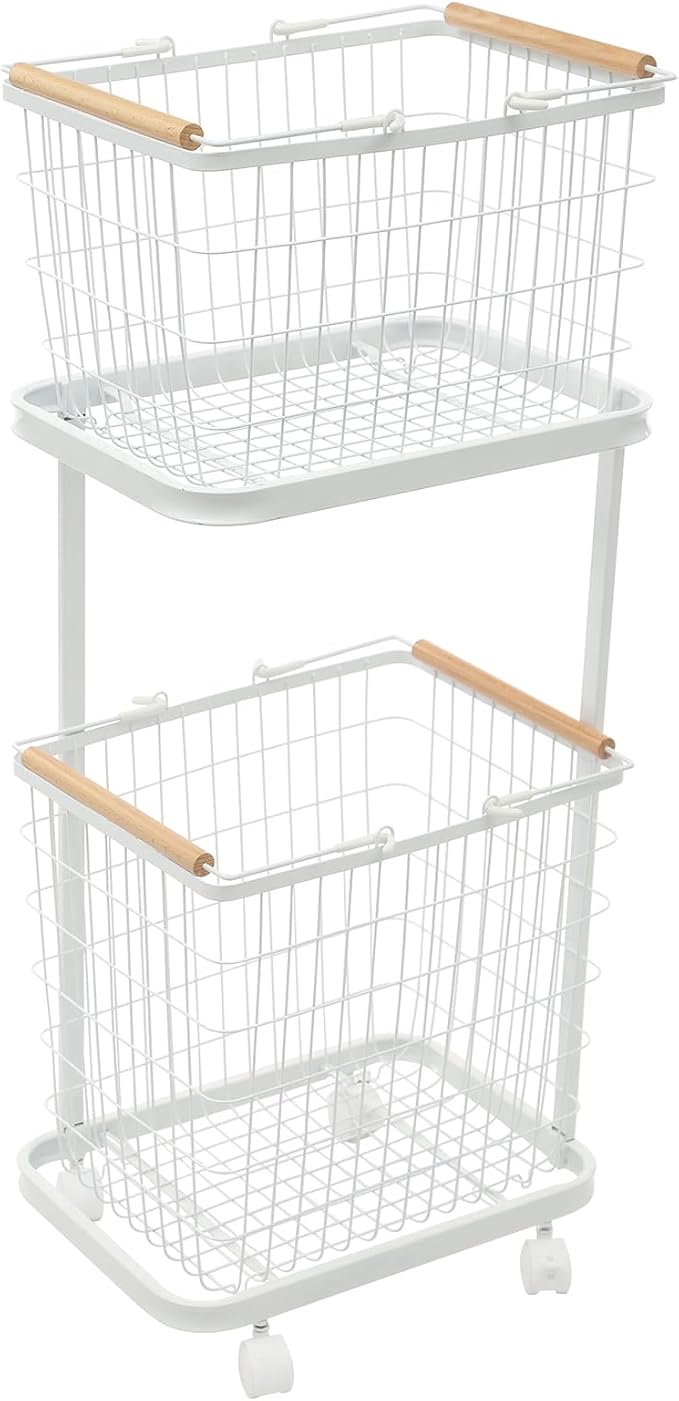 2 Tier Laundry Basket, Removable Metal Wire Laundry Cart with 4 Universal Wheels Rolling Laundry Basket Floor Standing Clothing Garment Sorting Hamper Organizer Load Bearing Capacity 88.18 lbs (White)
