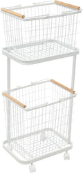 2 Tier Laundry Basket, Removable Metal Wire Laundry Cart with 4 Universal Wheels Rolling Laundry Basket Floor Standing Clothing Garment Sorting Hamper Organizer Load Bearing Capacity 88.18 lbs (White)