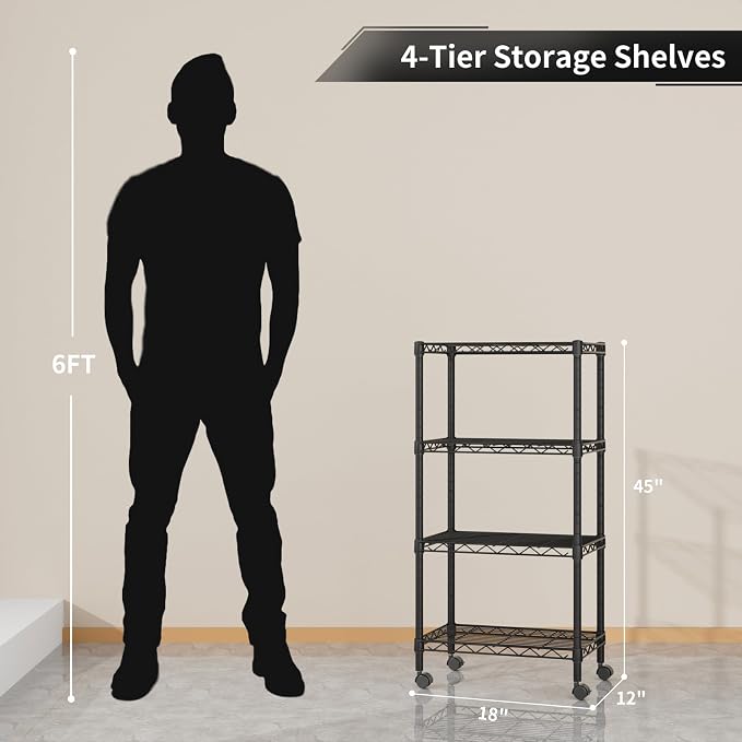 Golpart Small 4 Tier Shelves Storage Wire Shelving Unit Metal Shelf Adjustable Organizers Storage Shelving with Wheels for Bathroom Laundry Room Kitchen Pantry11.7”D x 17.7”W x 44.8”H Black