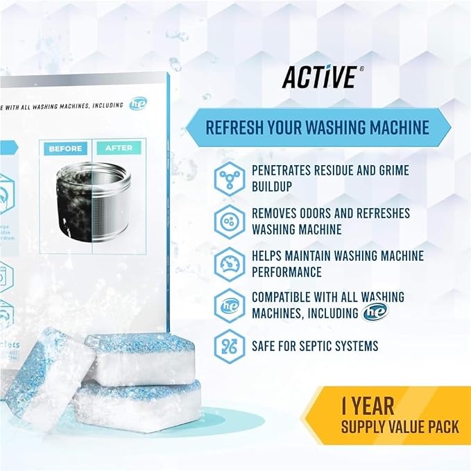 Washing Machine Cleaner Descaler 12 Pack - Deep Cleaning Tablets For HE Front Loader & Top Load Washer, Septic Safe Eco-Friendly Deodorizer, Clean Inside Drum and Laundry Tub Seal - 12 Month Supply(3C