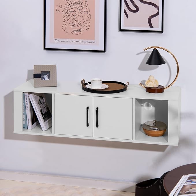 Giantex Wall Mounted Storage Cabinet 2 Cube Floating Media Hanging Desk W/2 Doors and 2 Open Shelves, Home Office Furniture for Kitchen, Bathroom, Living Room Floating Console Hutch (White)