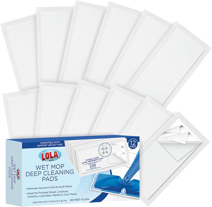LOLA Wet Jet Refills, 12 Pack, Compatible w/ Swiffer Wet Jet Mop, Disposable Floor Cleaner Pads - Hardwood, Linoleum, Laminate, Marble & Vinyl