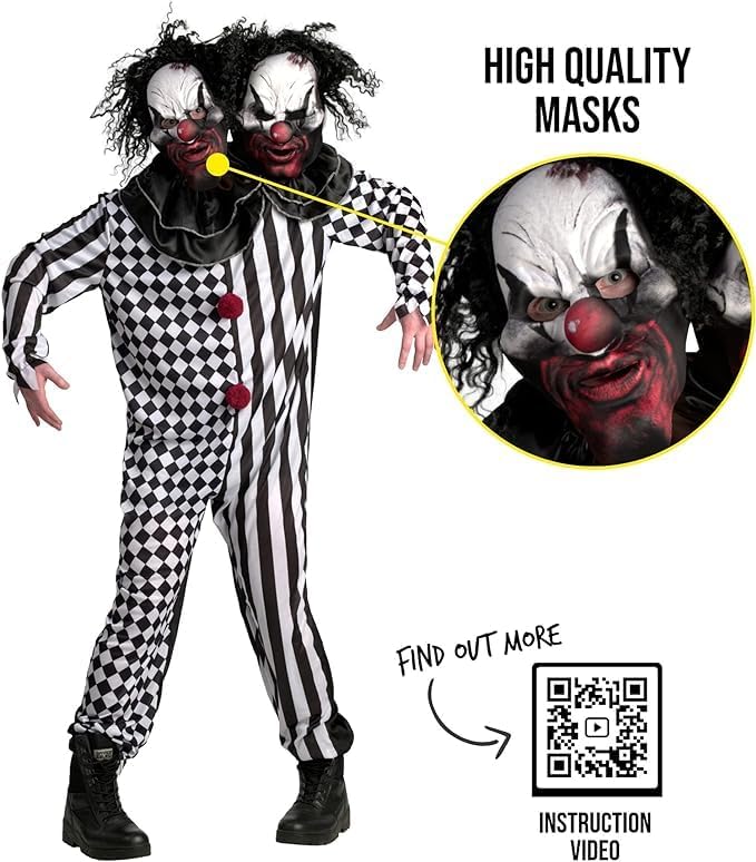 Morph Two Headed Scary Clown Costume Men, Halloween Costumes for Men