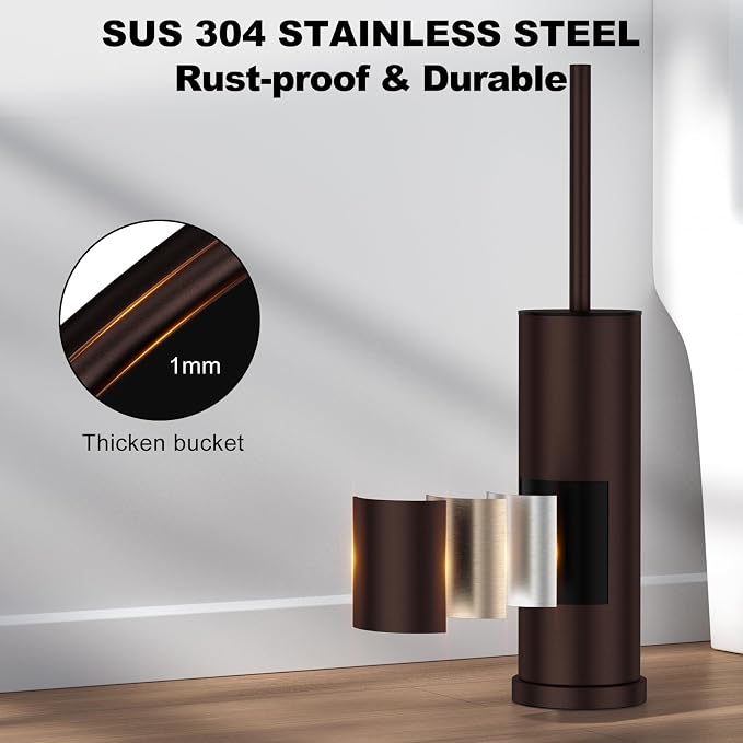 Bronze Toilet Brush and Holder Set，Stainless Steel Heavy Duty Toilet Bowl Brush，Extra Long Handled Modern Toilet Cleaner Brush with Replaceable Head, Removable Inner Bowl, and Splash Protection