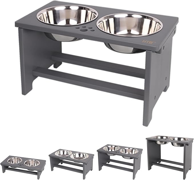 HTB Elevated Dog Bowl Stand with 2 Stainless Steel Bowls-10 H Large Grey | Raised Dog Bowl Stand, 10"tall, 48 Oz Bowls, for Large Sized Dogs, Pet-safe, Solid Bamboo