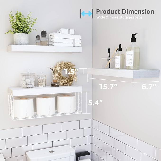 QEEIG Bathroom Shelves Over Toilet - Wall Mounted Floating Shelves Toilet Paper Storage Small Farmhouse Decor Shelf 16 inch Set of 3, White (019-W3)