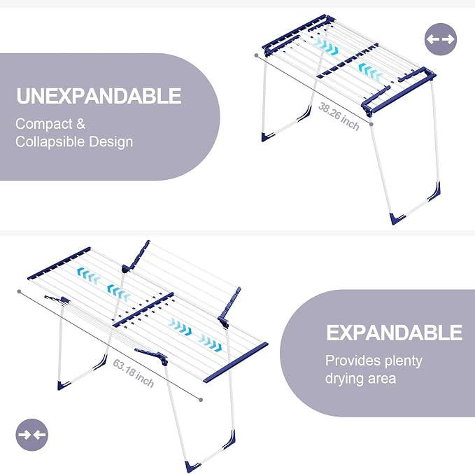 APEXCHASER Clothes Drying Rack - Foldable Laundry Rack Indoor Outdoor, Gullwing Drying Rack Clothing with 10pcs Clips + Bag, Collapsible Space-Saving Clothes Rack for Drying Towels, White