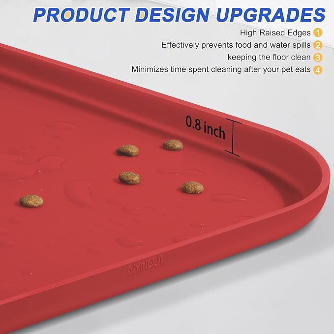 SMILOOL Waterproof Silicone Pet Food Mat with Raised Edge for Dog & Cat | 22" x 14" Non-Slip Pet Feeding Mats with Lip for Food & Water Bowl, Food Grade, Easy Cleaning, Red