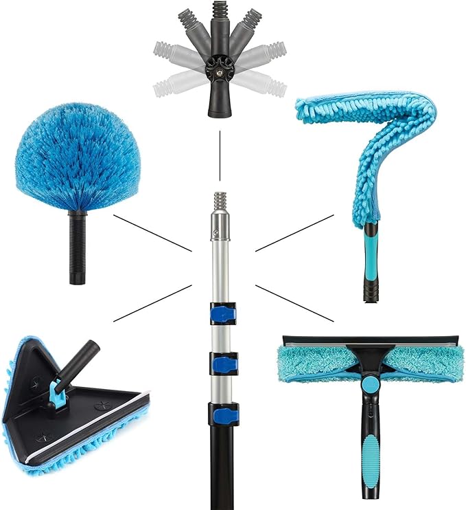 25ft Painted Wall Mop, 18ft Extension Pole, High Ceiling Cleaning Tool | Heavy Duty, 3-in-1 Cleaning Kit, 4 Microfiber Chenille Pad, Cobweb Duster, Fan, Baseboard, Window Squeegee Kit