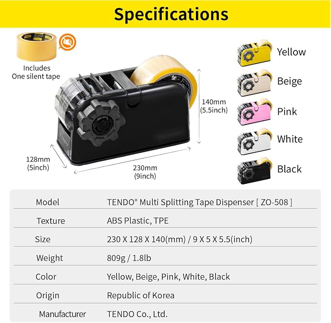 [TENDO°] TENDO Multi-Section Tape Dispenser, Custom Width Tape Cutter with 4 Cutting Sections, Built-in Safety Blade, Ergonomic Grip for Packing and Office Use, ZO-508(Black)