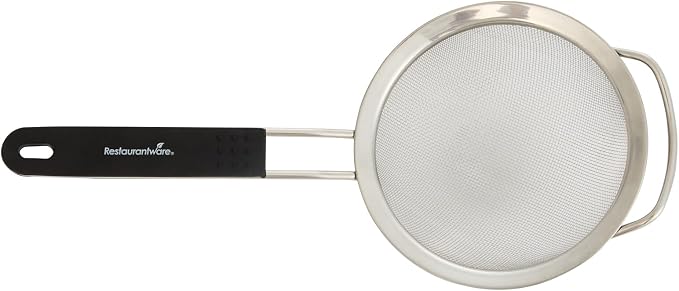 Restaurantware Fine Mesh Strainer 1 Count 12.6" x 5.5" x 2.3" with Silicone Handle Stainless Steel Extra Fine Mesh Strainer Heat-Resistant Handle Dishwasher-Safe for Rice, Quinoa, Pasta