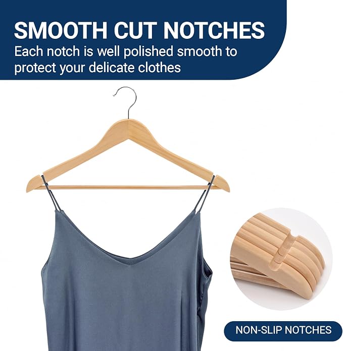 Amber Home 20 Pack Wooden Coat Hangers, Natural Wood Suit Hangers with Non-Slip Pant Bar, Clothes Hangers for Closet Organization, Shirts, Jackets, Dresses, and Pants (Natural, 20)