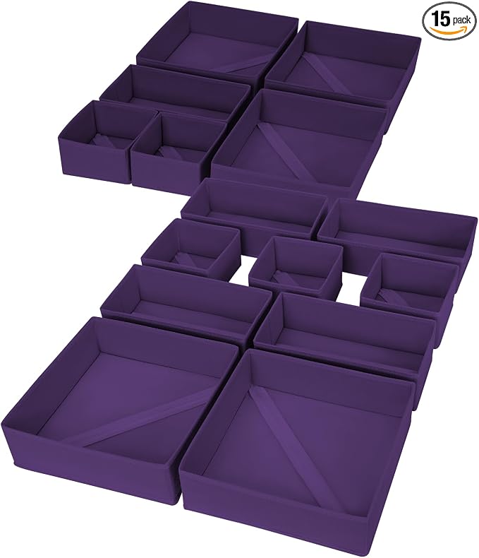 DIMJ Drawer Organizer Clothes, 15 Pack Dresser Organizer, Foldable Closet Organizers and Storage, Fabric Dresser Bins, Drawer Dividers for Nursery, Baby Clothes, Underwears, Sock (Purple)