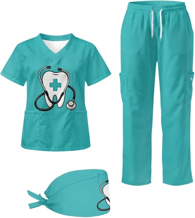 Gomyblomy Women's Scrubs Suit 3-Piece Set | Teeth Print V-Neck Top & Pants & Cap, Breathable and Stretch Fabric, S-5XL