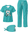 Gomyblomy Women's Scrubs Suit 3-Piece Set | Teeth Print V-Neck Top & Pants & Cap, Breathable and Stretch Fabric, S-5XL