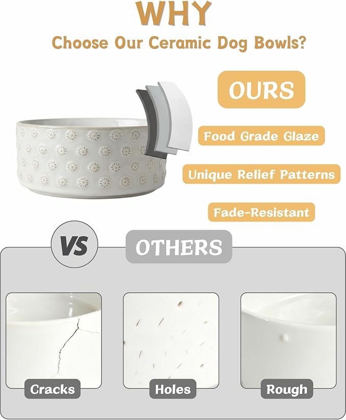 TRUVIC Ceramic Dog Bowl with Wood Stand, Jun Blanc Daisy Relief Dog Food and Water Bowl, 2 Cup/14 oz Puppy Food Bowl for Medium Dogs, Dishwasher Safe, Modern Geometric, Daisy