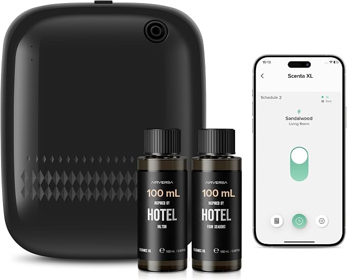 Smart Waterless Essential Oil Diffuser (400 mL Capacity) Hotel Scent Starter Kit with 200mL Fragrance Oil, Up to 2000 sq ft App Control Scent Air Machine with 12V1A Power Adapter, ANW Kit Black