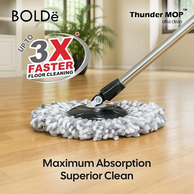 Thunder MOP Spin System - Ultra Clean - Single Bucket Microfiber Head, Stainless Steel Wringer, Antifungal Quick-Dry Cleaning, Soap Dispenser, 3 Free Refills (Forest/Lime)
