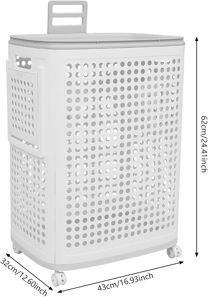 70L Laundry Basket with Wheels, Rolling Laundry Hamper with Lid and Handles, Plastic Rattan Clothes Organizer, Dirty Clothes Basket for Laundry Room, Bedroom, Dormitory Storage