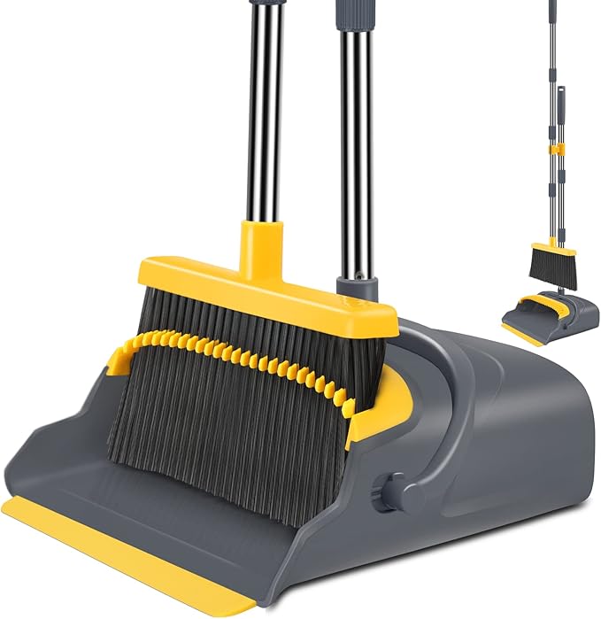 Upgrade Broom and Dustpan Set, Broom with Dustpan Combo Set, Self-Cleaning with Dustpan Teeth, Indoor&Outdoor Sweeping, Stand Up Broom and Dustpan (Gray&Yellow)