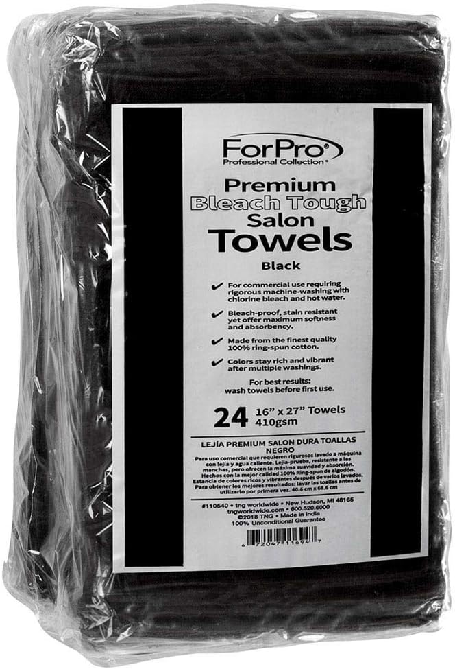 ForPro 24ct Bleach Tough Salon Towels, 16Wx27L in, Black, 100% Cotton | for Salon, Spa & Gym Use, Hand Towels, Bleach-Safe Salon Towels, Absorbent Spa Towels, Barber Towels, Salon & Spa Essentials